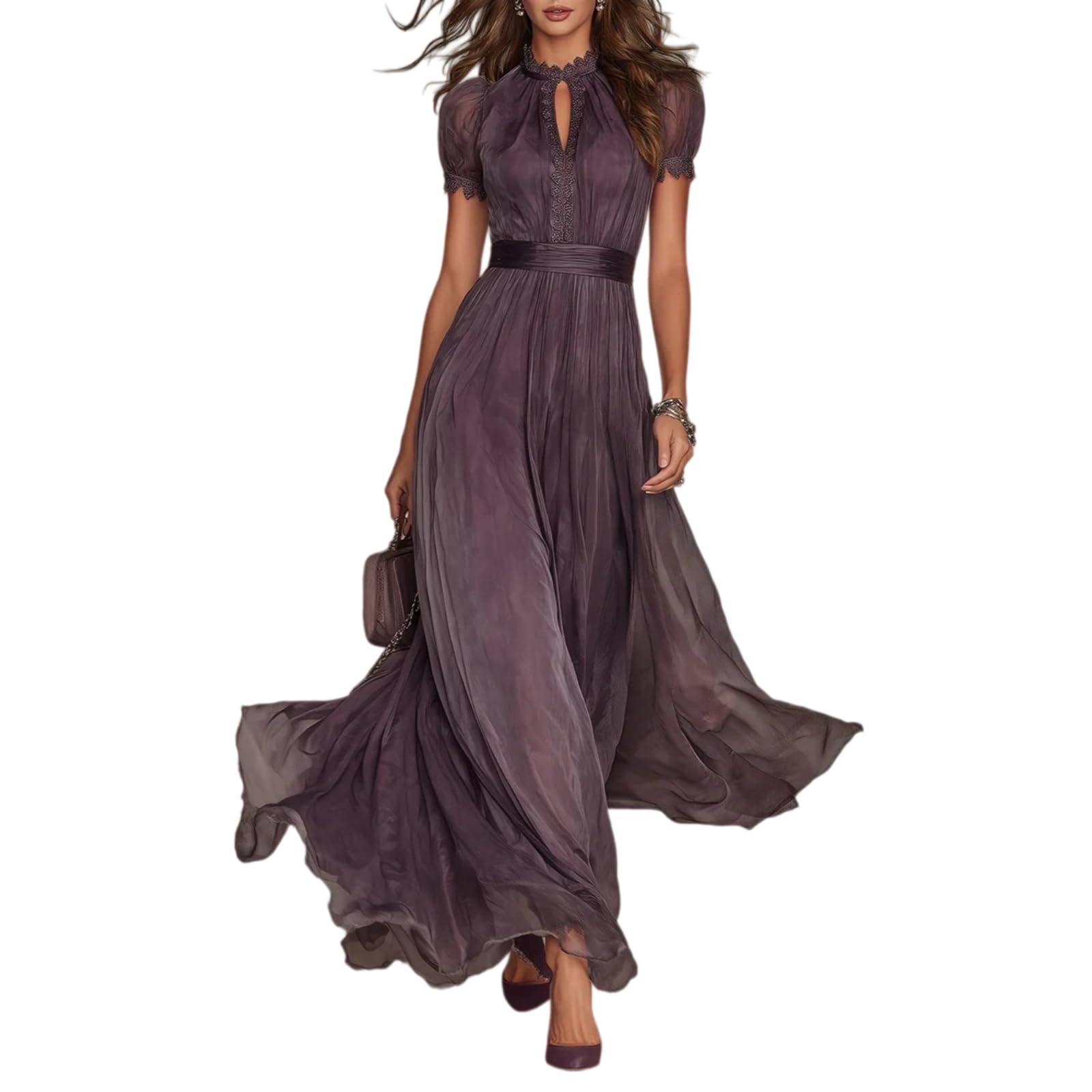 Générique Maxi-Robe pour Femme Violet foncé bordée de Dentelle – Robe Longue Fluide et décontractée à Manches Courtes, Style bohème, idéale pour la Plage ou Les soirées Estivales élégantes