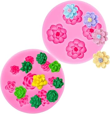 3D 2 Pcs Flower and Green Succulent Plant Shape Silicone Mold for Making Candy Gum Paste Charm Fondant Jelly Shots Chocolate Projects Cake Topper Decor Supplies