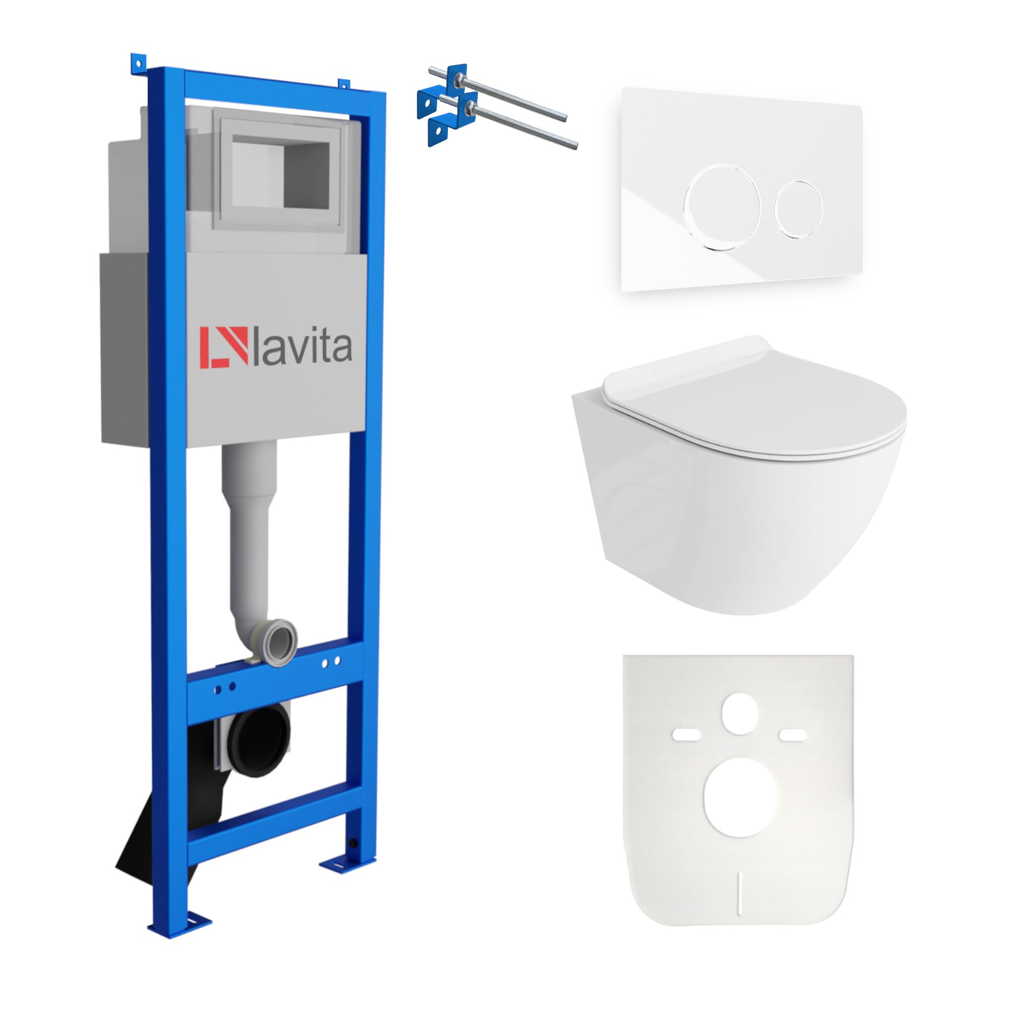 Lavita LAV 101 Vorwandelement für WC 40cm + Wand Hänge Tiefspül WC SOFI SLIM Weiß Spülrandlos + Bedienplatte LAV 200.4.1 Weiß | Komplettset | Unterputz Spülkasten | Toilette Komplett Sett