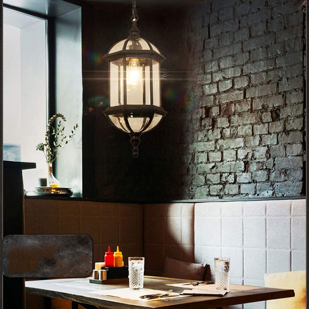 Zewnętrzna lampa wisząca Antyczna wioska Metalowa latarnia w kształcie klatki Wodoodporna ogrodowa Lampa wisząca sufitowa E27 Szkło aluminiowe Regulowana wysokość Żyrandol Oświetlenie na patio Ogród