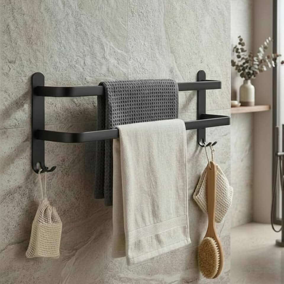 Toalheiro Duplo para Banheiro em Alumínio – Preto Fosco – Suporte Porta Toalha - Resistente, Moderno e Slim