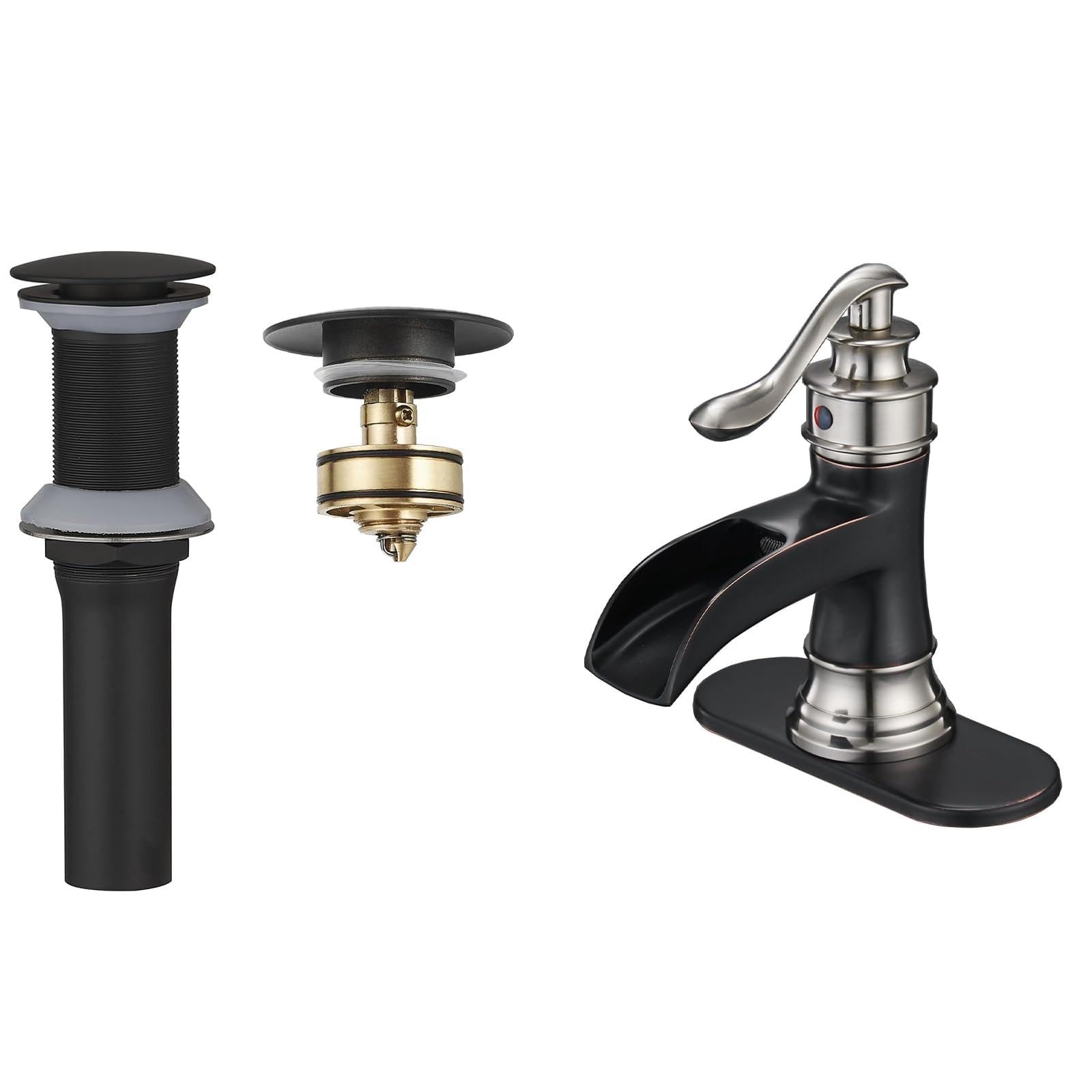 Jnfidosr Bronze Waterfall Bathroom Faucet Single Hole Oil Rubbed Bundle With Pop-Up Drain Assembly With Strainer