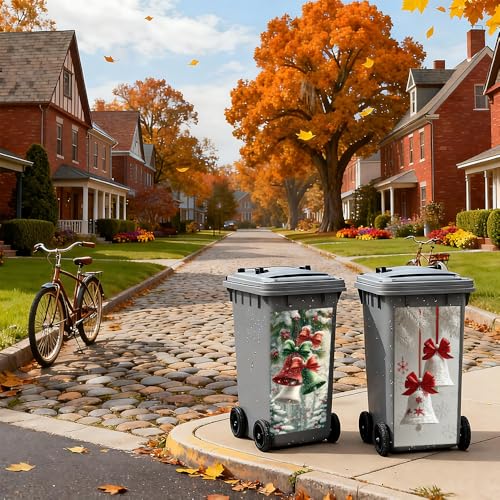 Image of 2 PC Trash Can Sticker 14.57 x 32.28 Inch Red and Green Christmas Bell Design Vinyl Sticker with Ribbon Pine Leaf and Snowflake Pattern for Outdoor Garbage Bin Yard Garden Driveway Home Holiday Decor