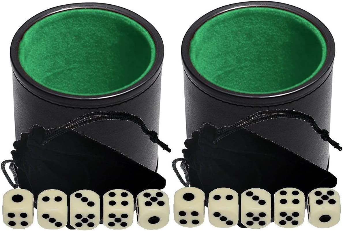Cyber-Deals Black PU Leather Dice Cup Green Felt Lined with 15mm Ivory Tone Pip Dice Plus Storage Pouch Set (2 Sets)