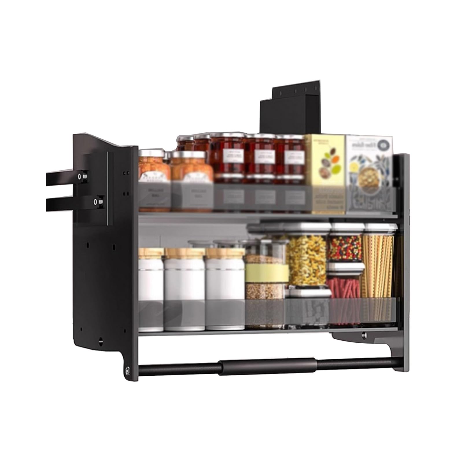 IUokLU 2-Tier Pull Down Spice Rack, Heavy-Duty Sliding Storage Basket Organizer, Adjustable Shelf for Upper Kitchen Cabinets, Maximize Kitchen Space, Easy Access(Black-560-590mm)