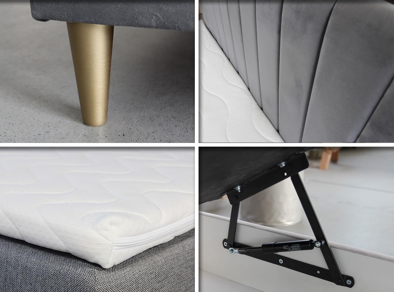 Boxspringbett Gold Mini mit Bettkasten, Bonell-Matratze und Topper - Einzelbett mit Matratzentopper, Polsterbett, Bett, Schlafzimmer, Jugendzimmer, Velours Stoff (Schwarz (Manila 18), 120 x 200 cm)