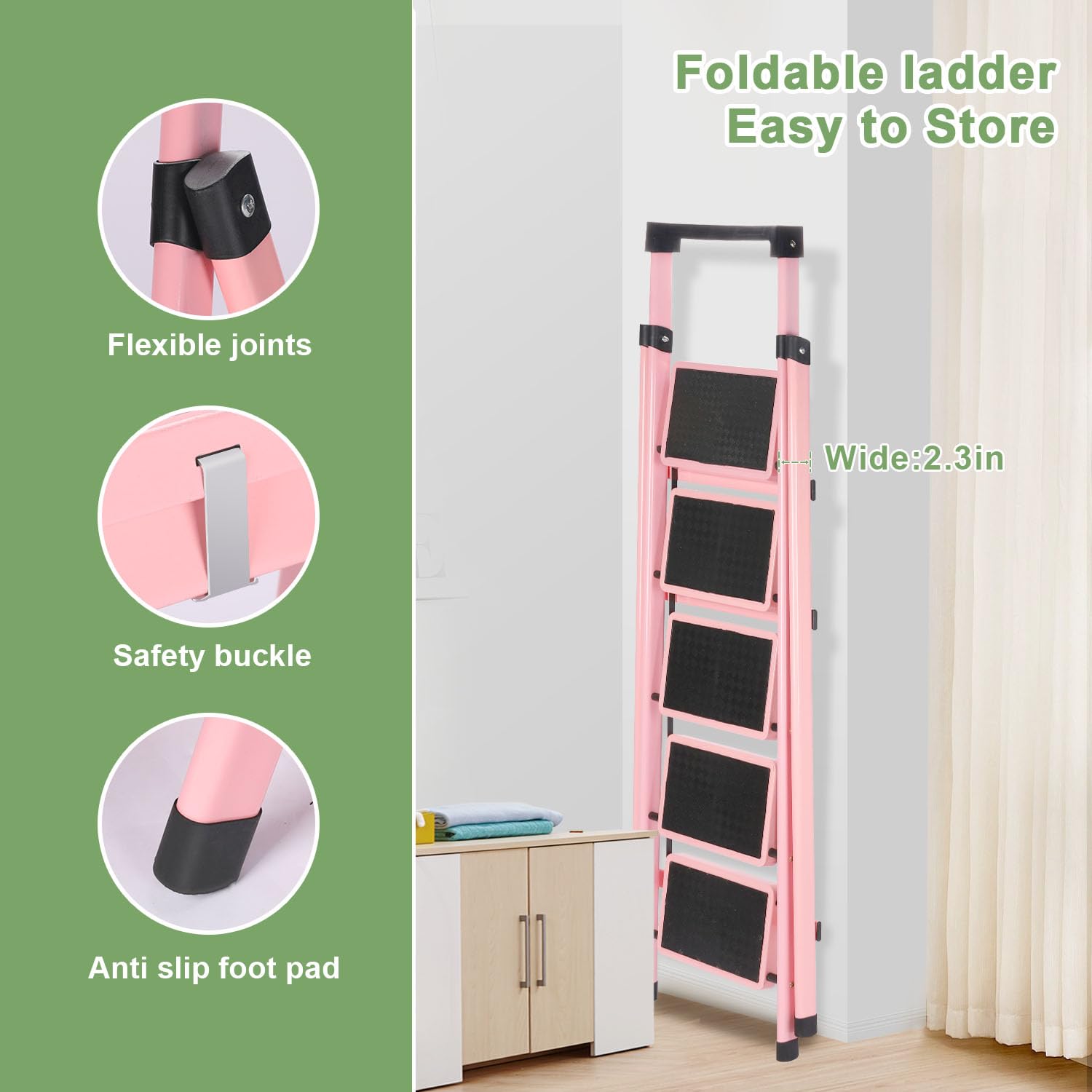 Faltbare Tritthocker-Leiter, Mehrzweck-Trittleiter mit Anti-Rutsch-Pedal, zusammenklappbarer Stabiler Tritthocker mit Werkzeugablage, tragbare Stahlleiter für Erwachsene, für Zuhause, Küche (Pink C)