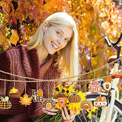 Bbto 36 Pack Fall Thanksgiving Wooden Ornaments Autumn Pumpkin Gnome Leaf Truck Cutouts Hello Decorations Hanging With Hole Ropes For Harvest Party (Exquisite), Yellow,Orange,Brown #TOP6