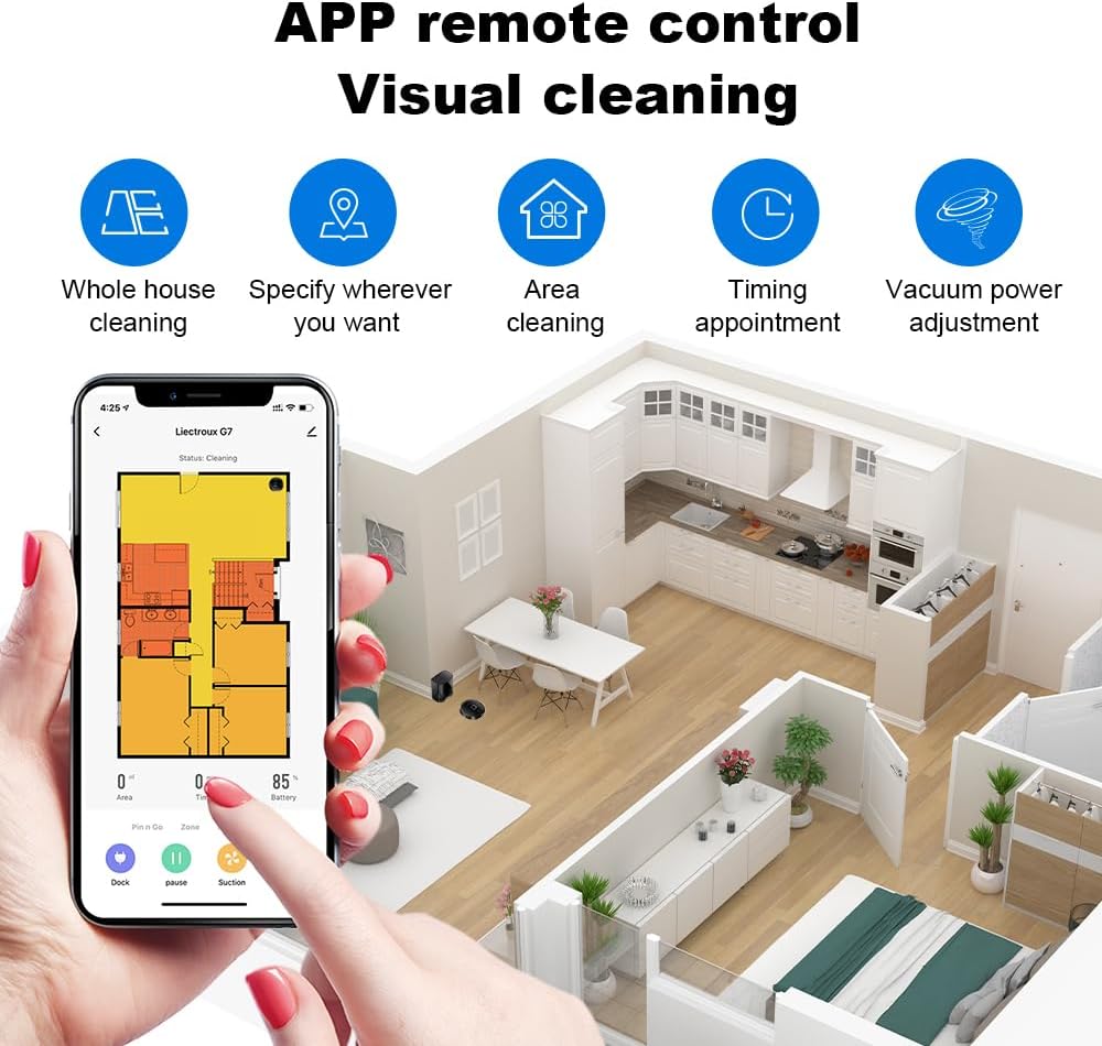 Screenshot of the Liectroux app showing remote control and visual cleaning features