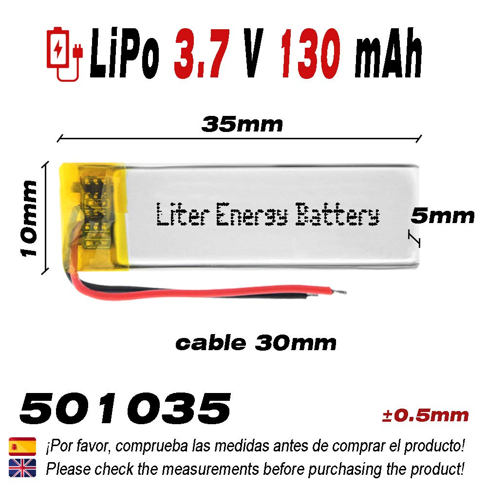 Batería 501035 LiPo 3.7V 130mAh 0.481Wh 1S 5C Liter Energy Battery para Electrónica Recargable teléfono portátil vídeo smartwatch Reloj GPS - No Apta para Radio Control 35x10x5mm (130mAh|501035) — view 2