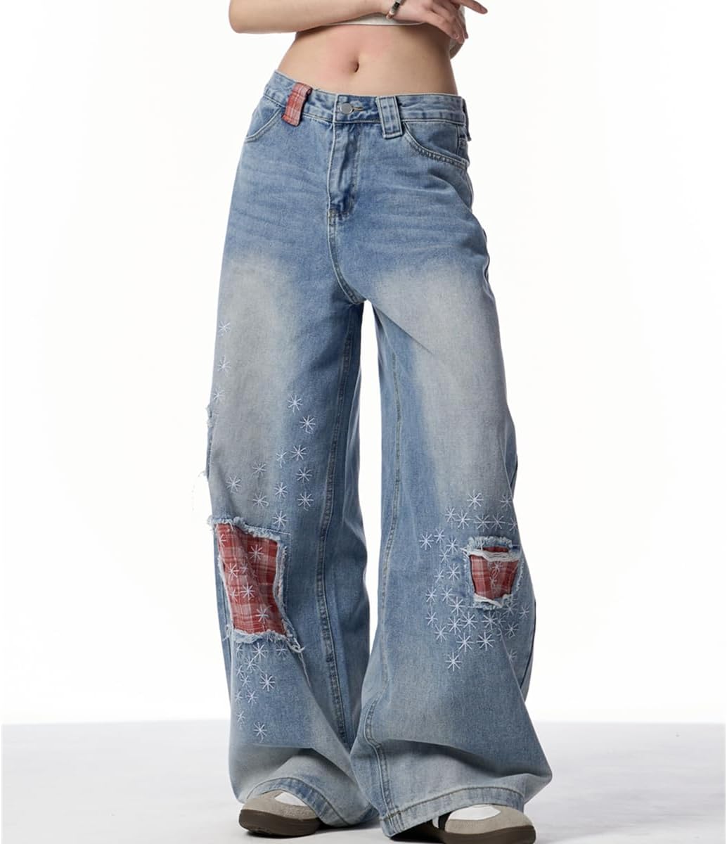 Women's Cute High Waisted Straight Leg Jeans Y2K Fashion Fringe Plaid Patchwork Embroidered Denim Pants - Image 2