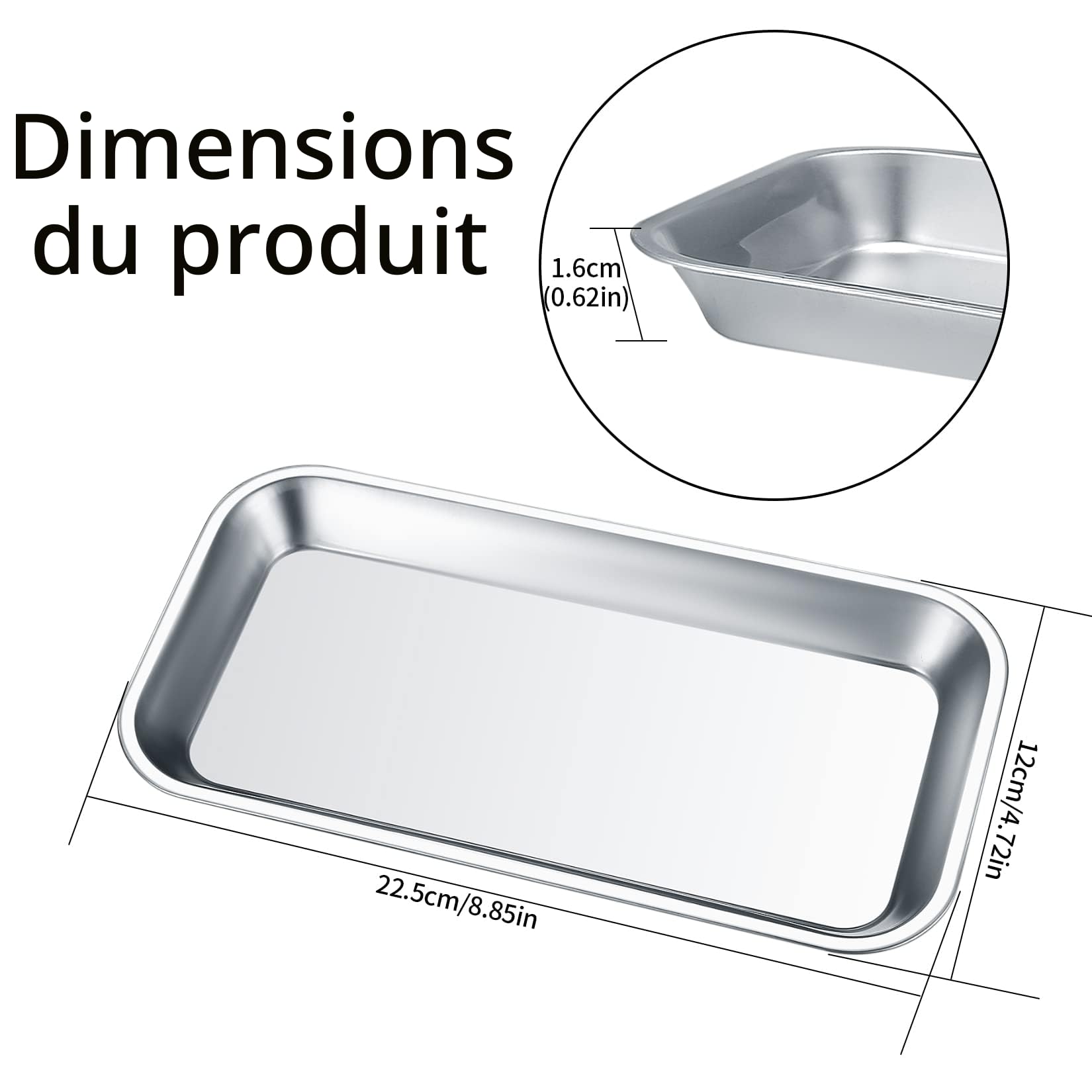 4 Pièces Plateau à Instruments, Rectangulaires en Acier Inoxydable, pour Laboratoire - 22,5x11,5x1,6 cm