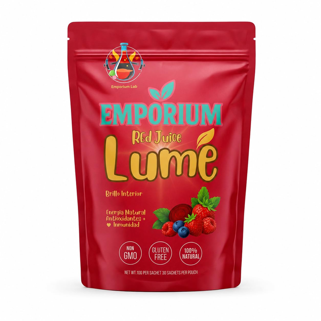 LUME Red Juice Probiotic Drink Powder · Beetroot · Acai · Raspberry · 20+ Superfruits · Digestive Enzymes · Natural Energy · 30 Packets