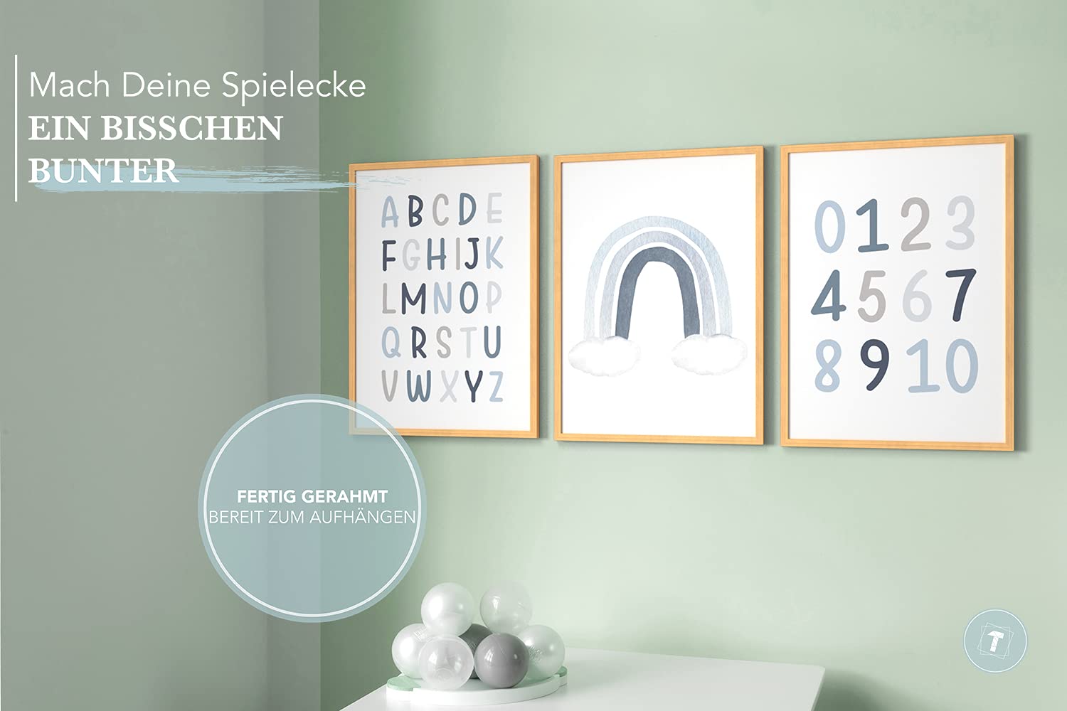 Lot de 3 posters d'apprentissage, A3 (30x42 cm) encadré d'un cadre en bois naturel, cadeau pour garçons chambre d’enfant Préscolaire, lettres de l'alphabet, chiffres ABC bleu arc-en-ciel