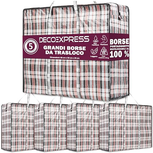 Deco Express Sacchetti per Bucato con Cerniera e Manici 75L, 60x50x25cm, Pack da 5 Borse Salvaspazio Resistenti per Vestiti e Trasloco (60 X 50 X 25 CM)