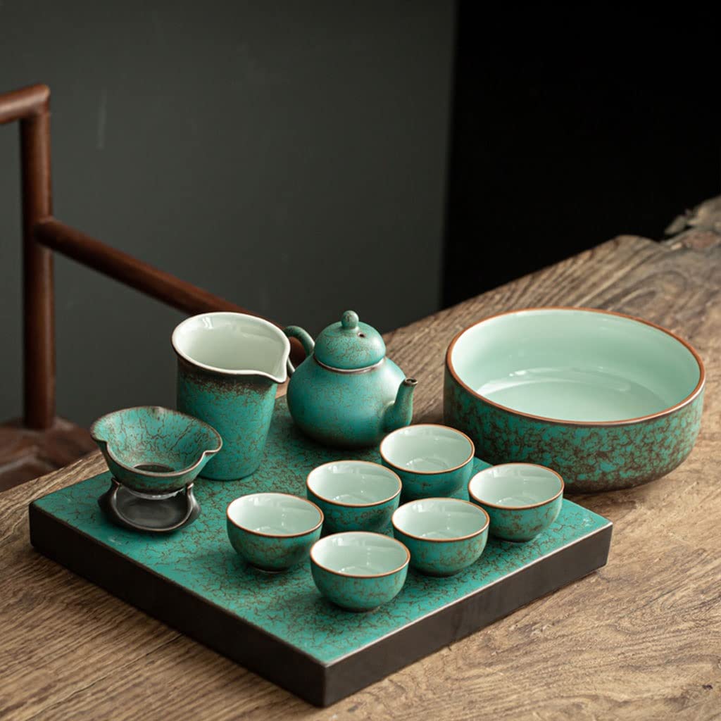 DFGHNBVC Green Kiln Change Kung Fu Tea Set, Home Office Covered Bowl Teapot Retro Simple Ceramic Tea Tray,Chinese Gongfu Tea Table Serving,D