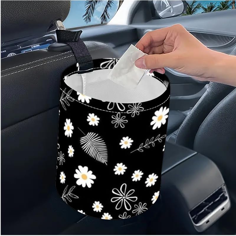 Image of Portable Reusable Waterproof Car Trash Bin, Multipurpose Vehicle Organizer, Road Trip Essentials (Leaves and Flowers)