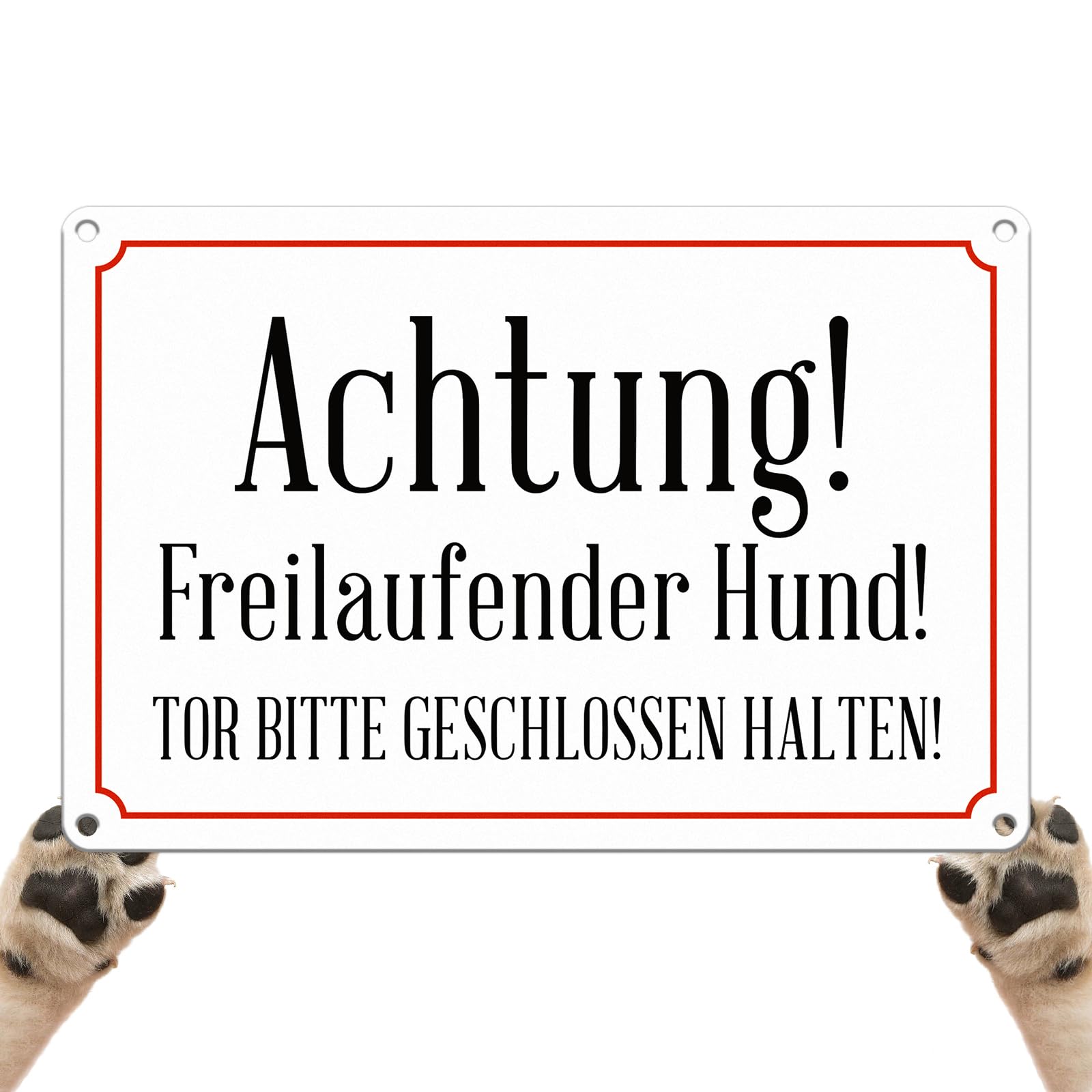 Goodvia Schild für tor Achtung Hund Lustig, Hundeschilder Warnung 30x20cm Metall mit Löchern zur Anbringung an Zäunen, Mauern Weiß x1 Stück