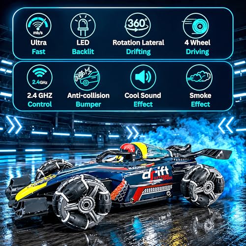 Image of VGRASSP 4WD Dual Control F1 RiseX Drift Stunt Mist Car Toy for Kids with Lights, Music - Rechargeable 360 Rotating RC Smoke Car with 2.4GHz Remote Control and Gesture Wrist Controller - Red