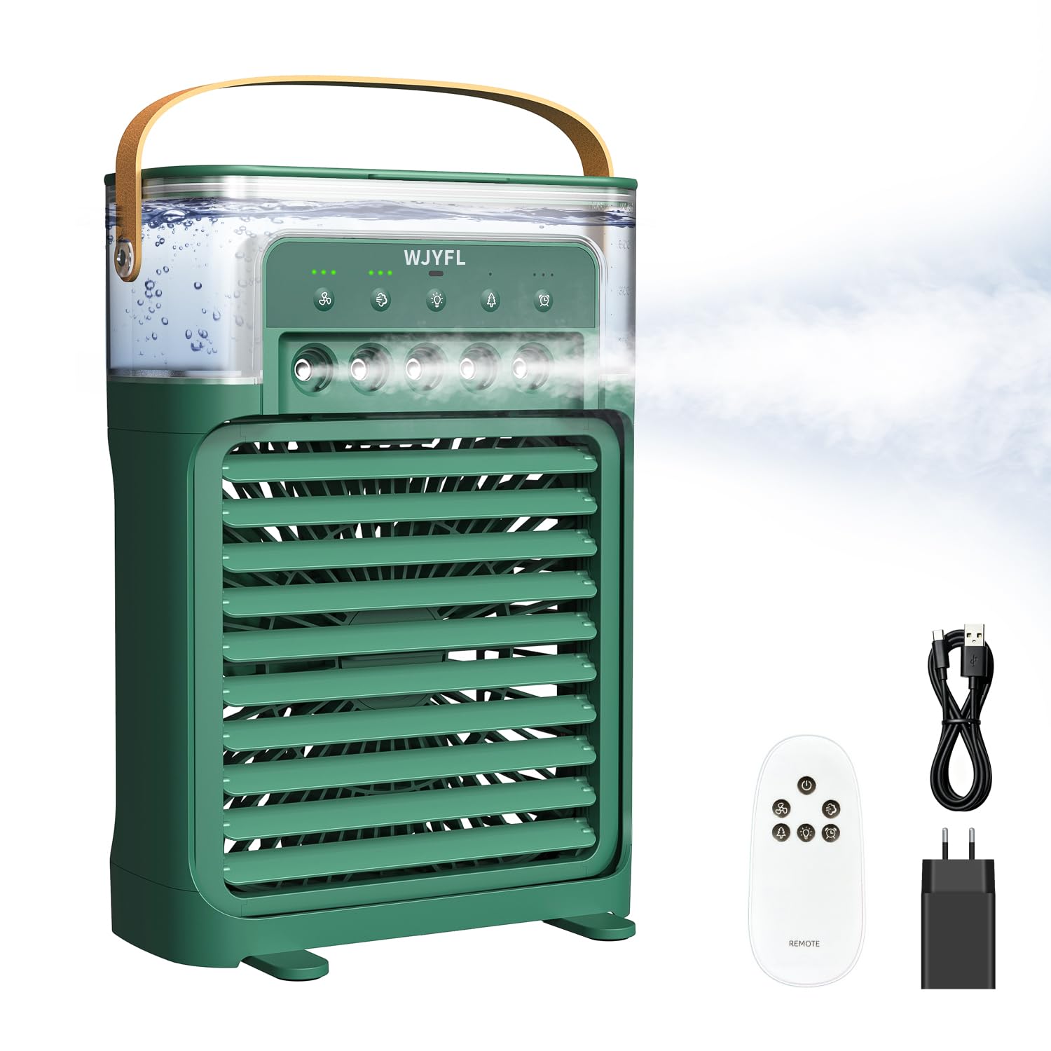 Mini Luftkühler mit Fernbedienung, Wassernebel, 5 Sprühdüsen | 700 ml, 3 Sprühstufen, 3 Windstufen, Naturwind, Timer, geräuscharmer Betrieb, USB-C-Betrieb mit EU-Netzadapter, ohne Akku