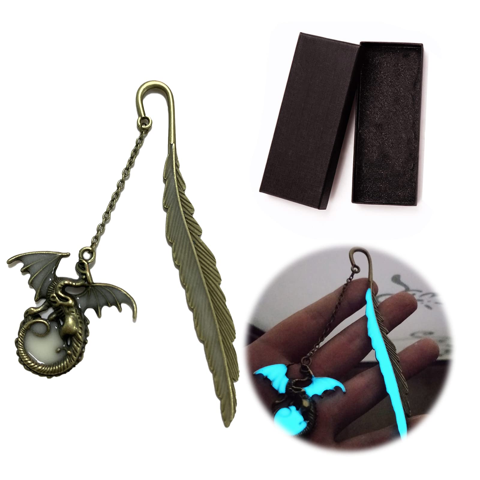WOOXDYUK Marcapáginas vintage de metal con plumas, retro, brilla en la oscuridad, regalo para hombres y mujeres amantes (dragón de bronce)