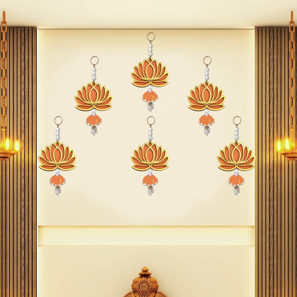 GIFT JAIPUR Lotus Orange Jhumka Wall Decor Hanging Set of 6 - Diwali Showpiece Gift Home Temple Pooja Festival Wedding Marriage Stage Decoration