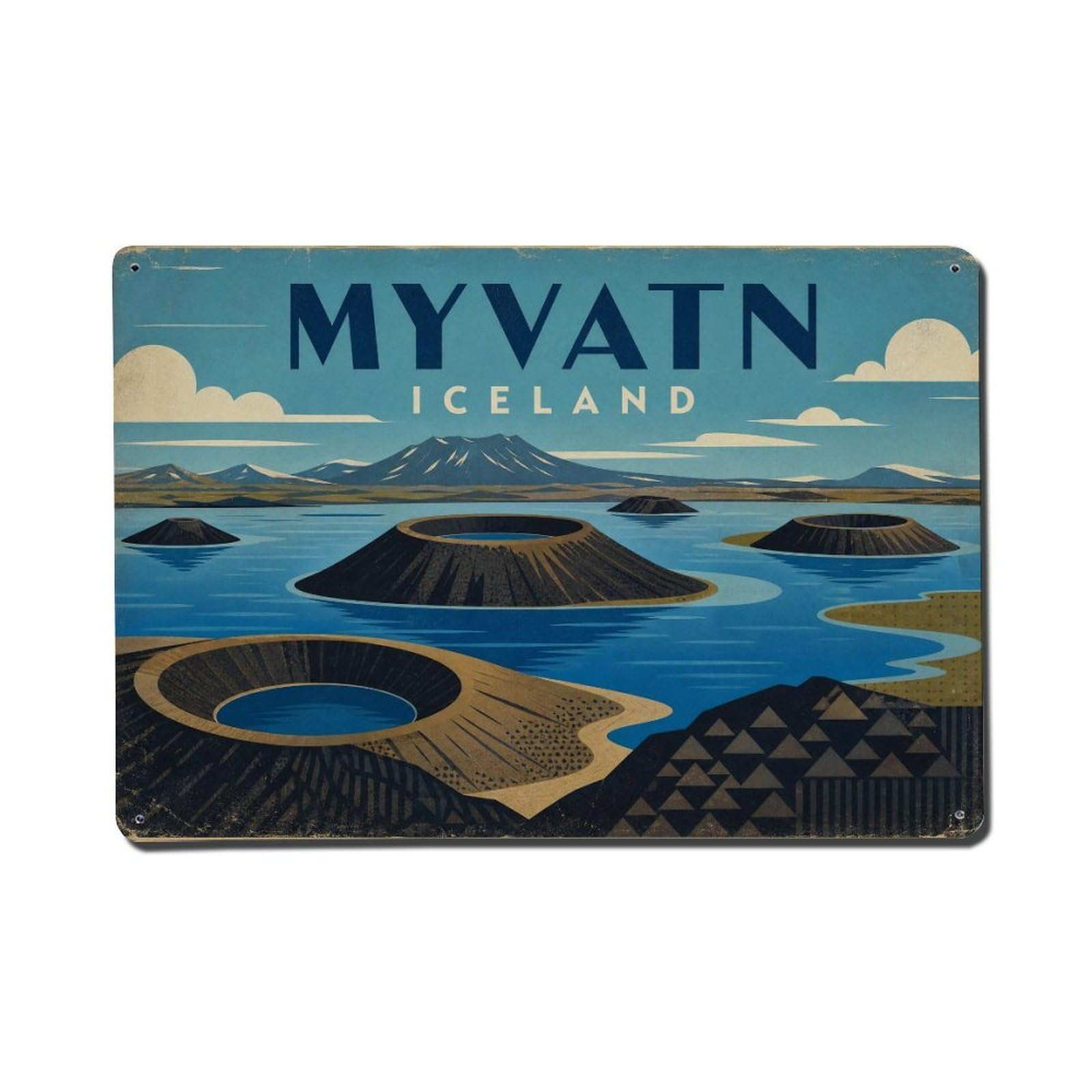 Travel Vintage Iceland Myvatn Metal Tin Sign Plaque Wall Decor for Cafe, Club Bar, Office, Garden Metal Poster 8x12Inch