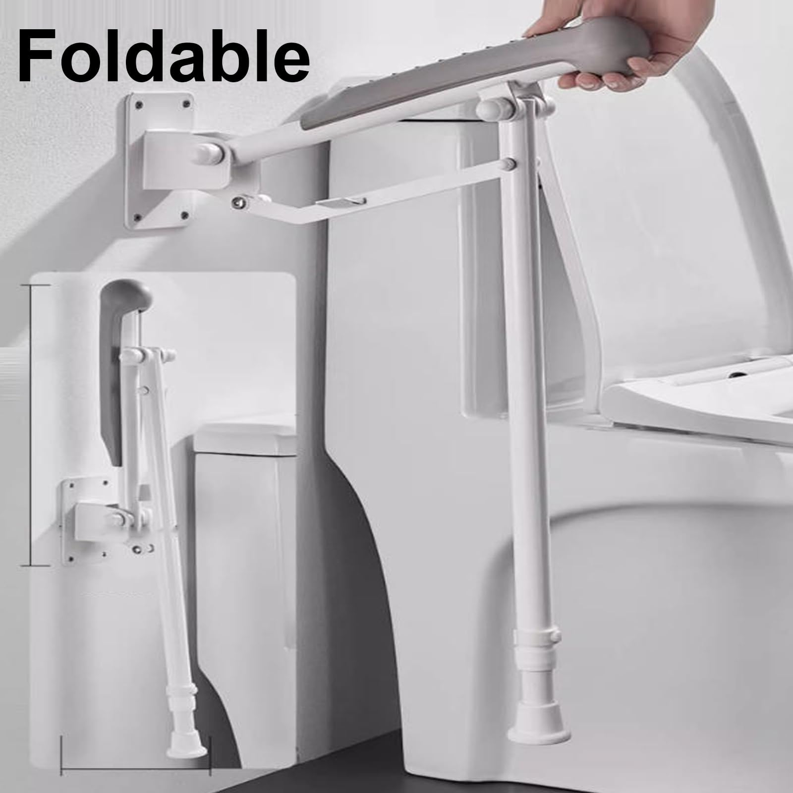 Barra de Apoyo para Inodoro, Altura Ajustable, Plegable con Pata, Ayuda para el baño, Agarre Antideslizante y Almohadilla de Goma (42 cm/17 Pulgadas)