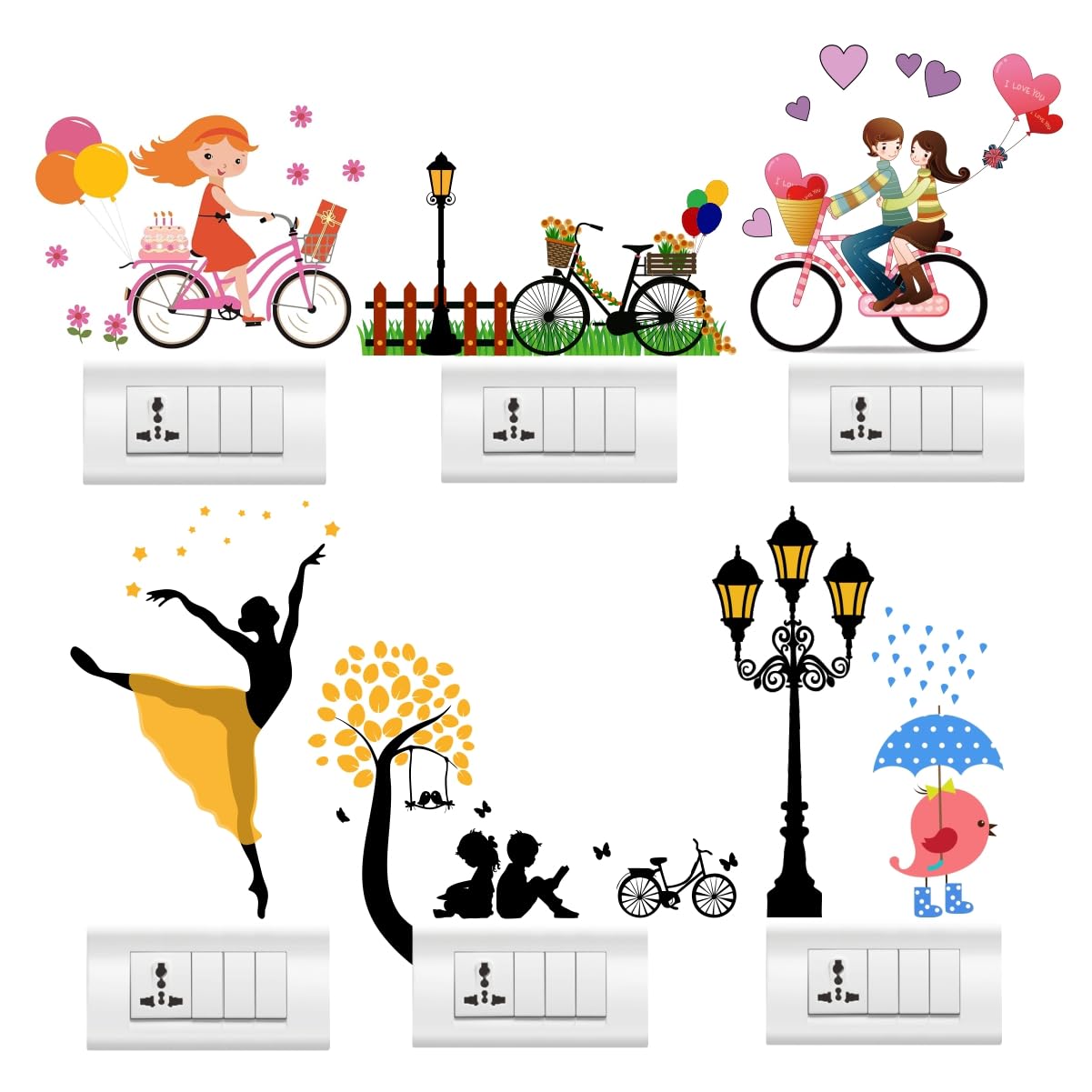 Rawpockets 30 cm Colorful Switch Board Sticker - Birds Cage - Dancing Lady - Love Couple - Lamp - Bicycle - Girl - Kids Switch Board Self Adhesive Wall Sticker (Pack of 6) (B0D845YGKF) Amazon Price History, Amazon Price Tracker