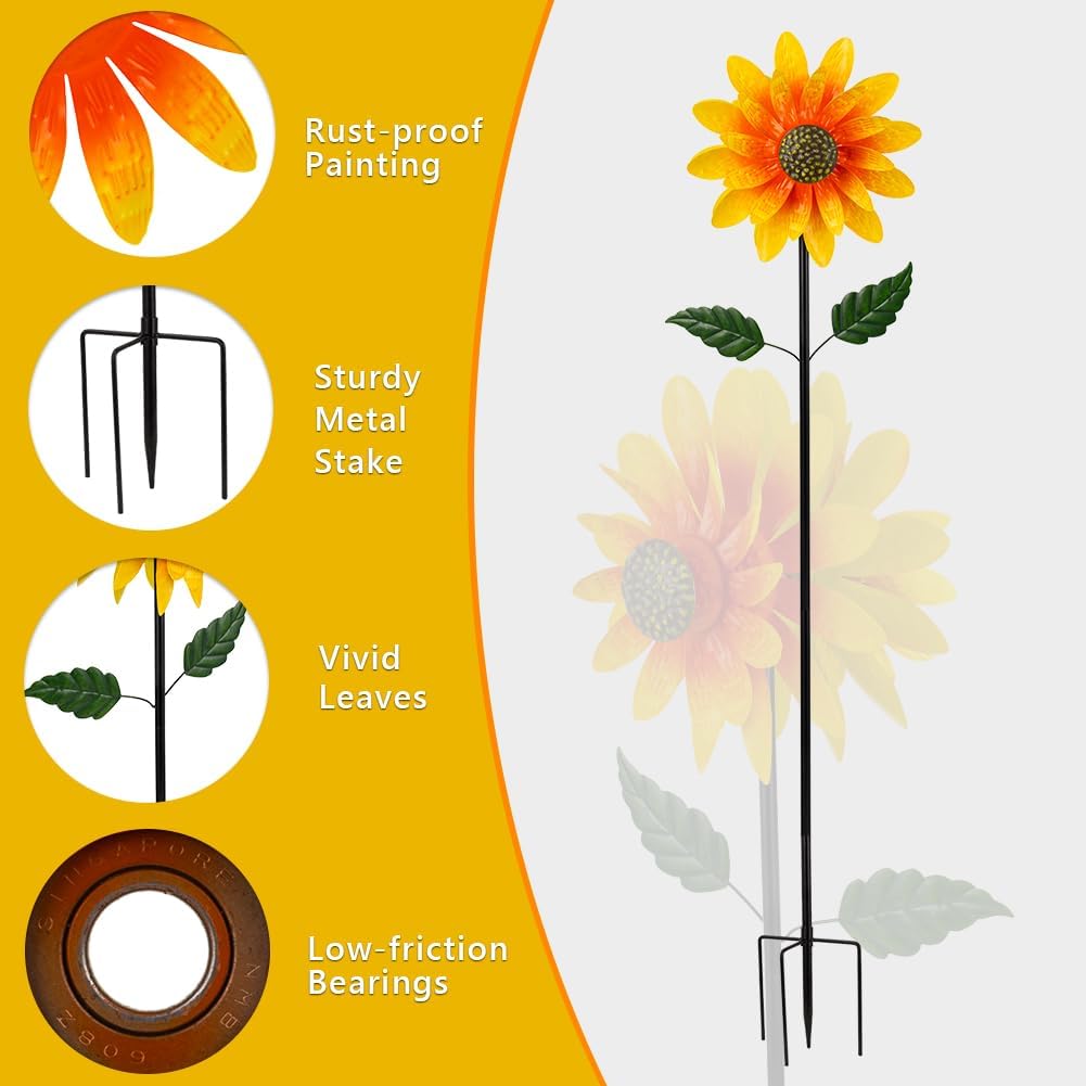 Viveta Sunflower Outdoor Wind Spinner, 4 Layers Metal Wind Spinners, Decorative Pinwheels for Yard Patio Lawn Garden