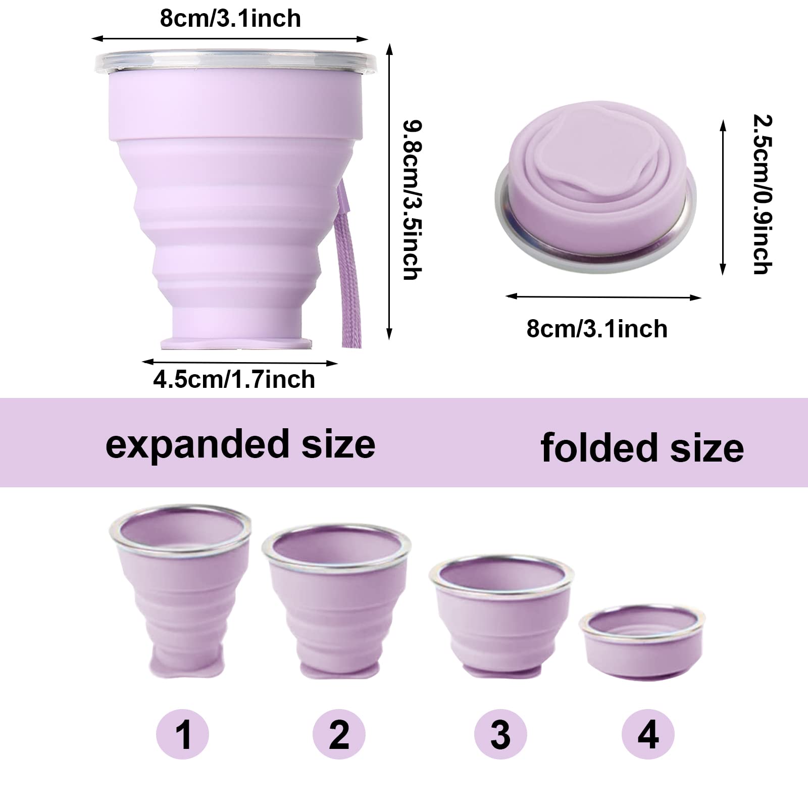 JIELUO Silicone Collapsible Travel Water Cup 200ml, 6Pack Collapsible Silicone Cup with Lid, Expandable Drinking Cup Set, Reusable Mug for Camping, Hiking, Travel