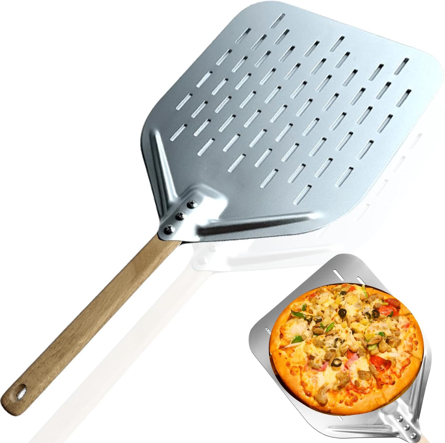 Pizzaschaufel Perforiert, Pizzaschieber 40 * 30 cm 12 Zoll, Pizza Schieber Aluminiumlegierung Pizzaschaufel, Profi Pizza peel mit Großer Fläche & Abnehmbaren Griff (Silbrig)