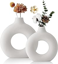 Flower Vase, Hollow Round Matte Donut Ceramic Vase Modern Handicrafts Vases for Decor, Rustic Coffee Table Decor with Hole for Minimalist Decor, White Vase Set of 2 for Living Room Home Office