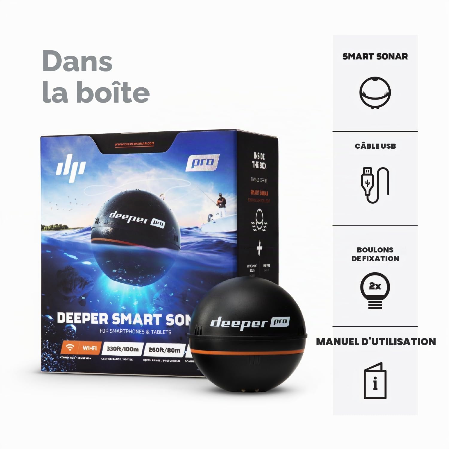 Deeper PRO Sondeur Portable – Sondeur pour Kayak ou Float Tube sans fil Wi-Fi