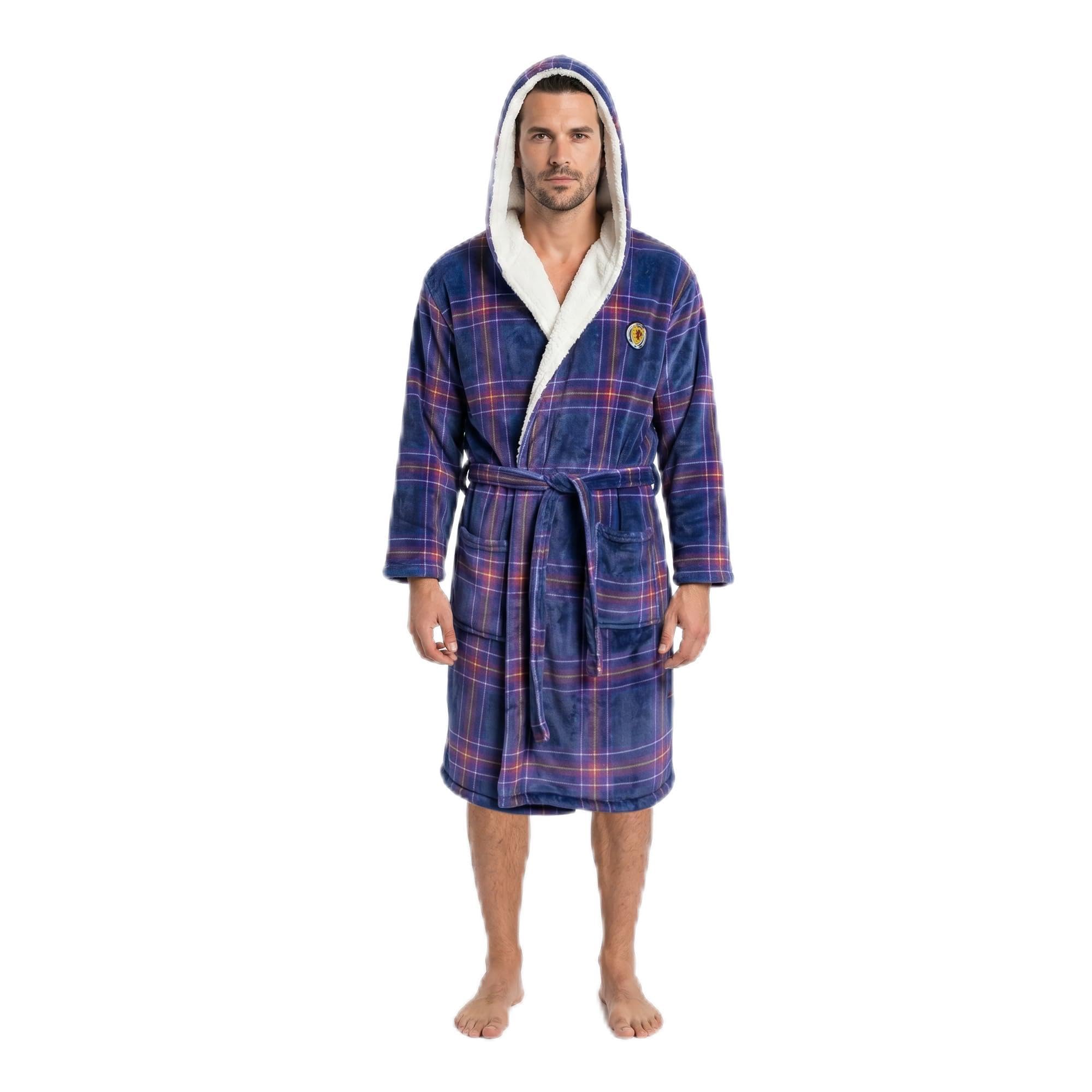 Scotland National Team Official Men's Dressing Gown – Blue Tartan Sherpa Fleece Robe, Cosy Hooded Loungewear for Fans of the Tartan Army