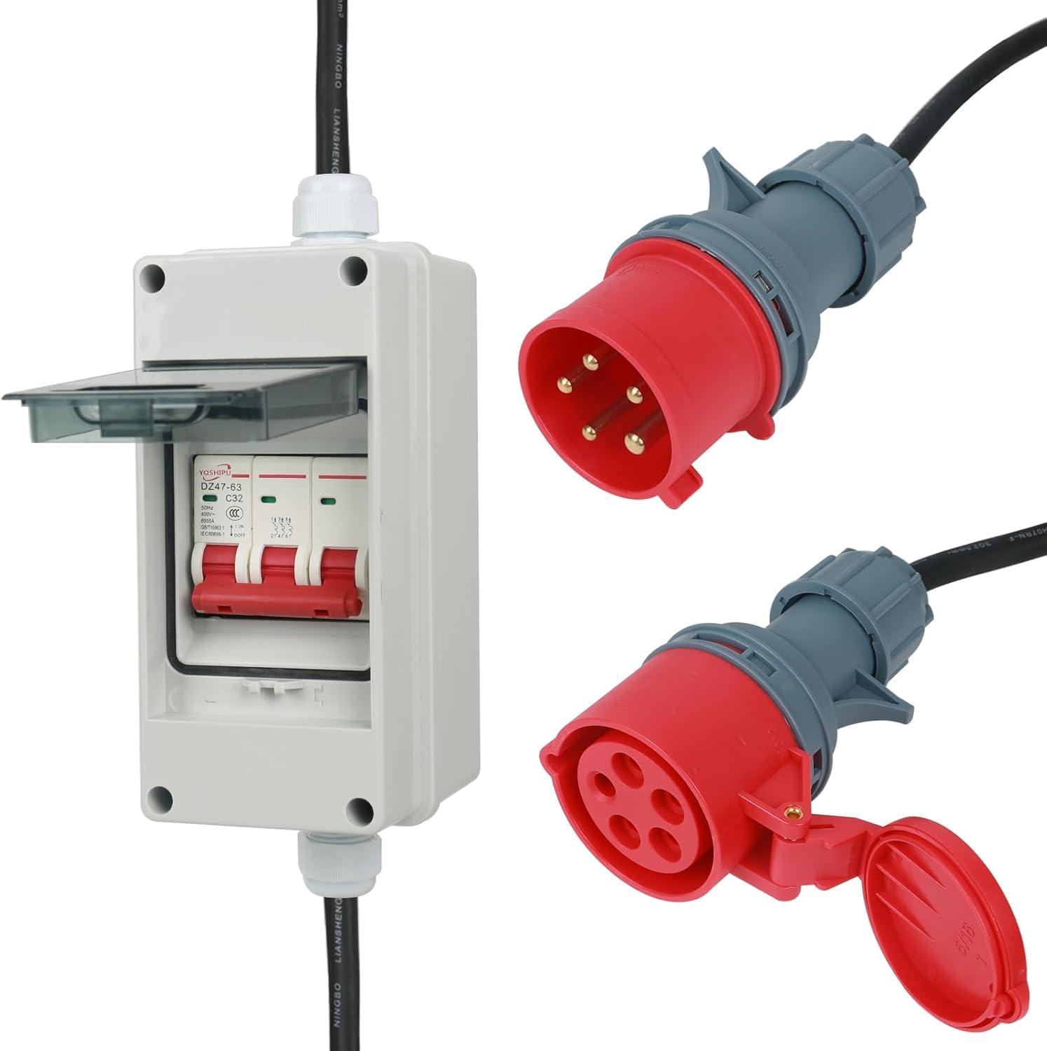 Adapter CEE 63 A 400 V wtyczka na 32 A 400 V sprzęgło z wyłącznikiem nadprądowym 32 A, H07RN-F 5G4/5G6 5 x 2,5 mm² kabel gumowy, wtyczka CEE IP44