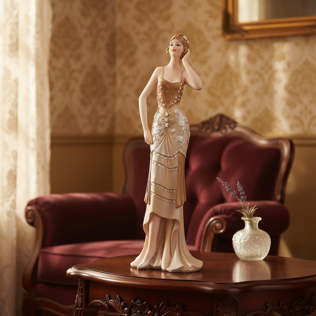 Comfy Hour 13" Glamour Elegance Art Deco Lady Figurine, Elegant Standing Woman Statue in Shimmering Gold and Tan Gown, Roaring 20s Style Desktop Decor Accent, 1 Unit