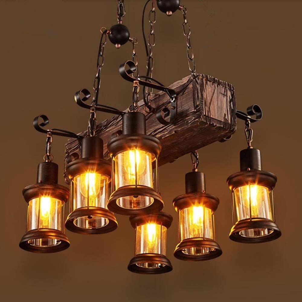 Lampa wisząca z drewna i szkła z 6 światłami