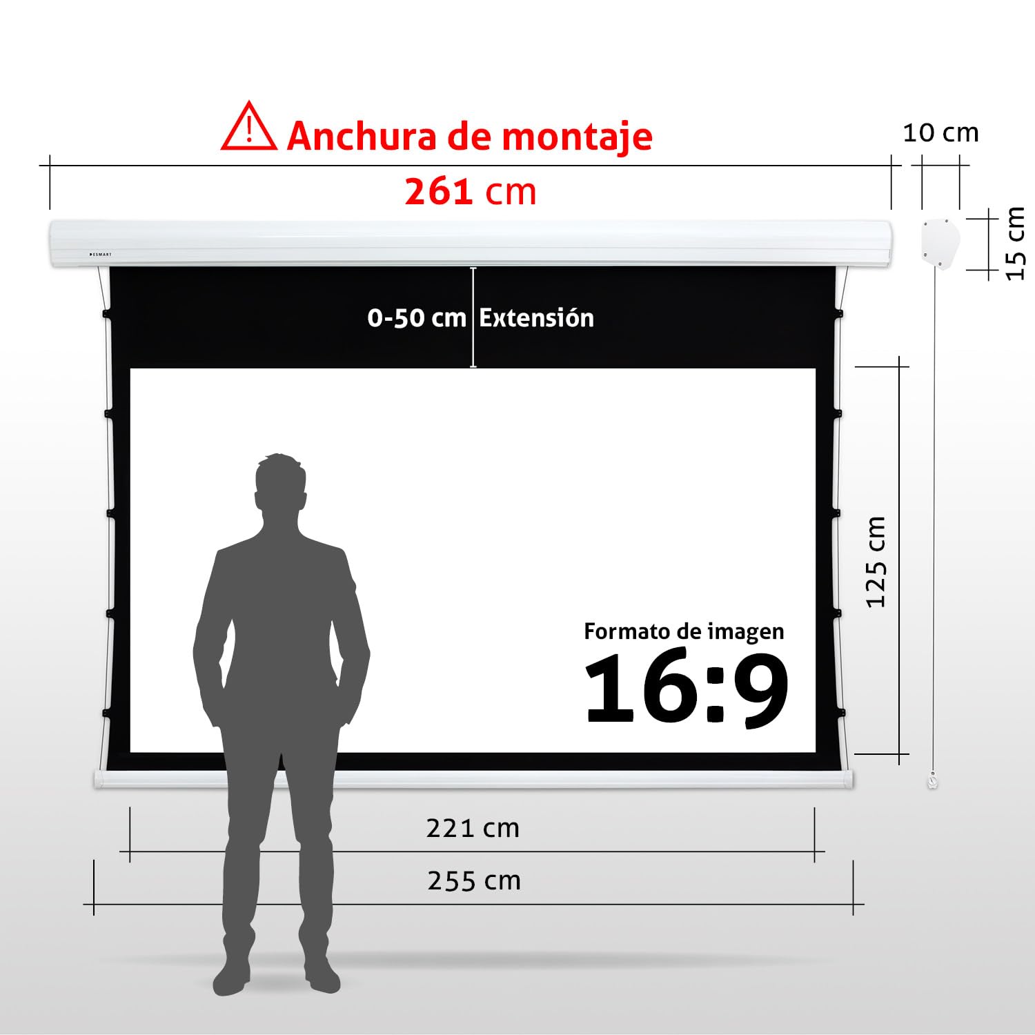 ESMART Expert XTR Pantalla tensada, Ancho Total 261 cm, Tela: acústica | Área de proyección 221 × 125 cm, formato 16:9, tela acústica transparente para altavoces ocultos, mando a distancia