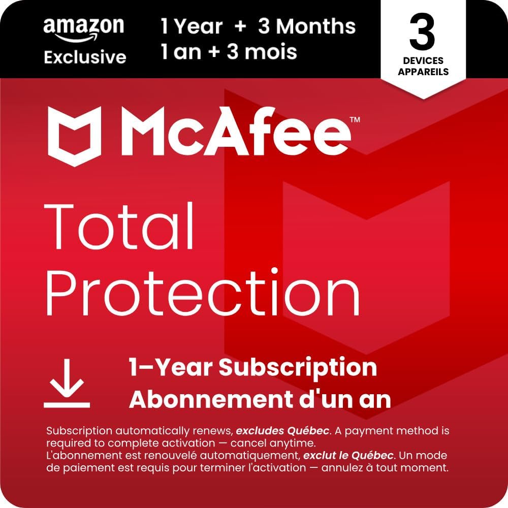McAfee Total Protection 2026 | 3 Devices | 15 Month Subscription with Auto-Renewal | Cybersecurity software includes Antivirus, Secure VPN, Dark Web Monitoring | AmazonExclusive | Online Code