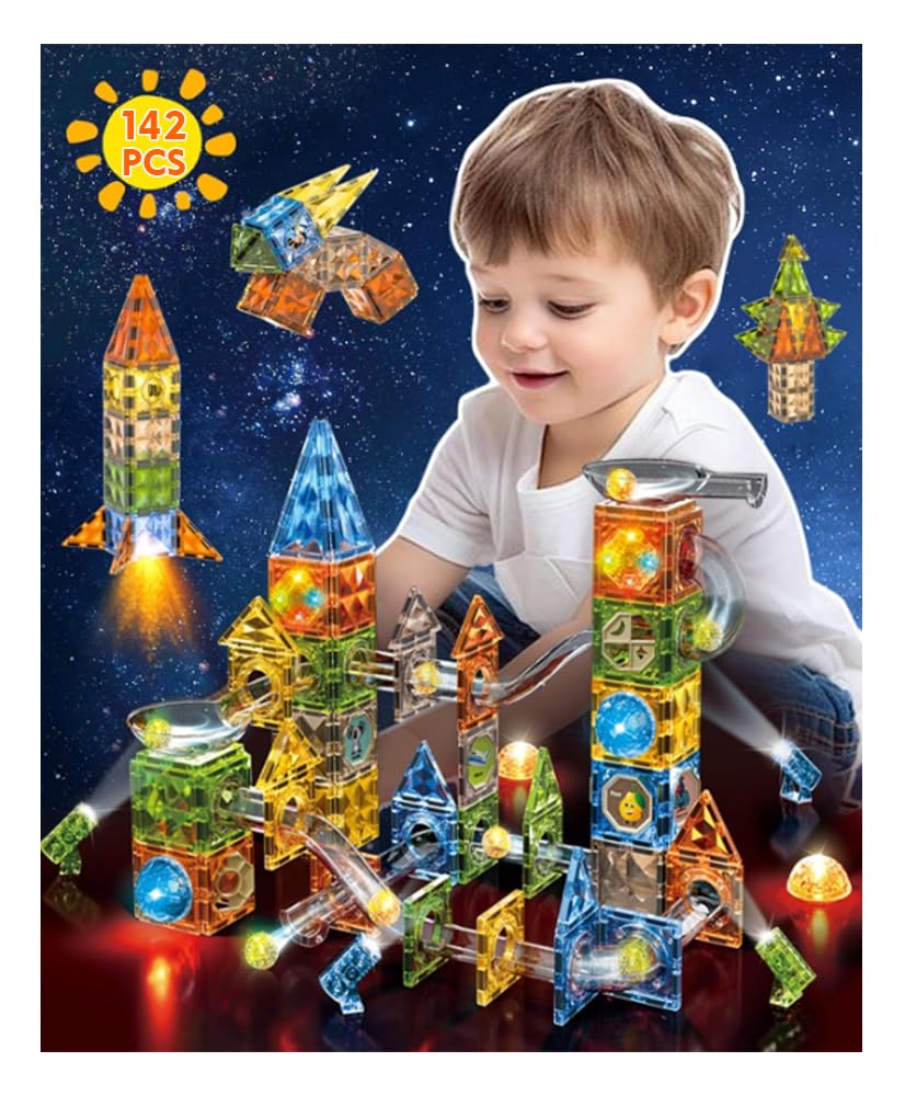 Costruzioni Magnetiche per Bambini Giochi Magnetici Blocchi 142 Pezzi | Luminescenti Costruzione Magnetic Tiles con Pista Giocattoli STEM Montessori Educativi Regalo per Ragazzi Ragazze 3+ Anni