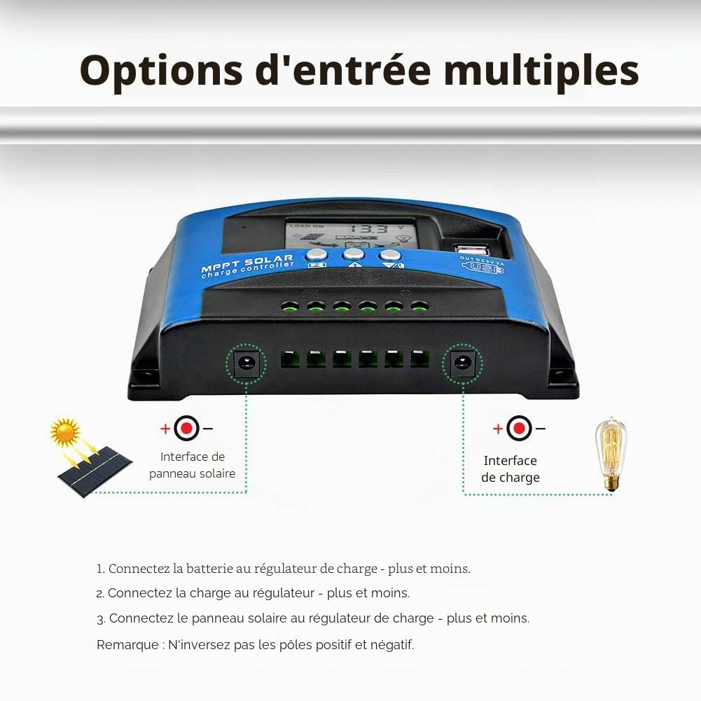 SolaMr 100A Régulateur de Charge Solaire 12V/24V Contrôleur de Charge de Batterie pour Panneau Solaire avec Écran LCD et Double Port USB - 100A