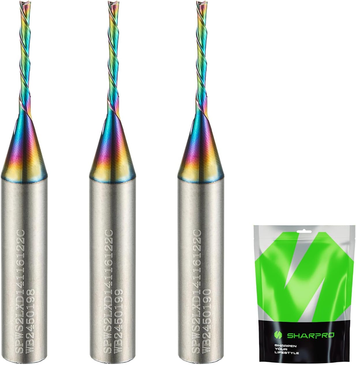 1/16 Downcut Router Bit 1/4 Shank, Spiral CNC Router Bits with Coating, Down Cut Carbide End Mills for Woodcraft, Engraving, Mortising, Acrylic and Aluminum,1/2" CL, 2" OVL(3PCS)