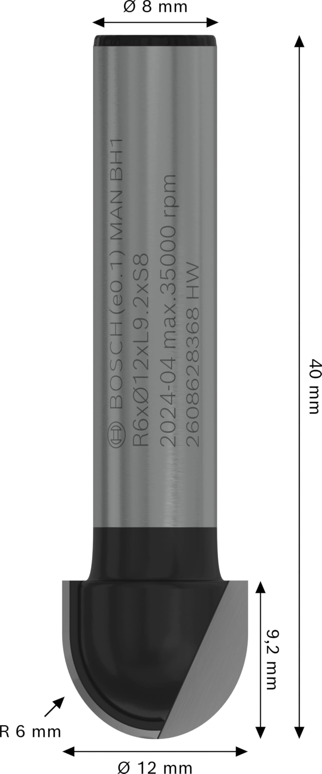 Bosch 2 608 aksesuarı 628 368 oyuklu freze Ç 8 mm, R1 6 mm, D 12 mm, U 9,5 mm, G 40 mm