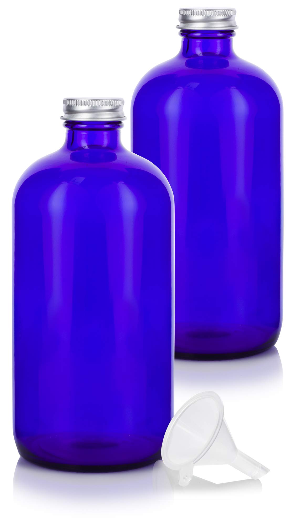 JUVITUS 16 oz / 473 ml Cobalt Blue Large Glass Boston Round Empty Bottles with Silver Metal Screw On Caps + Funnel (2)