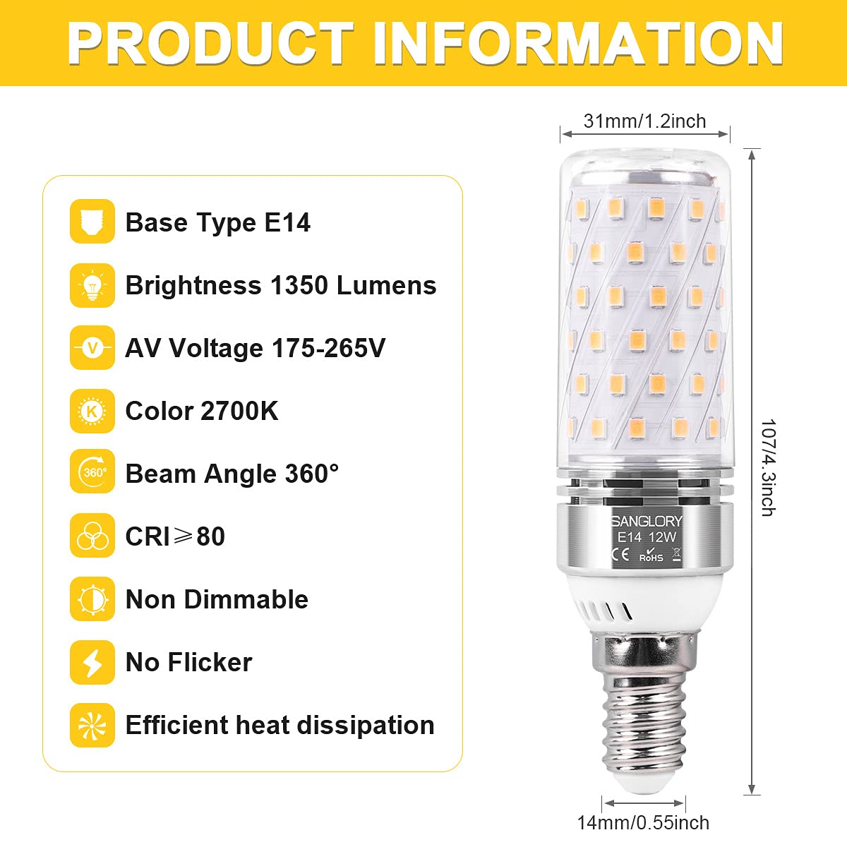 SanGlory Lampadine LED E14 Luce Calda, 12W equivalente a 100W Incandescenza, Bianco Calda 2700K Lampadina Mais E14, Non Dimmerabile Nessun Sfarfallio Risparmio Energetico Lampade, Pacco da 4