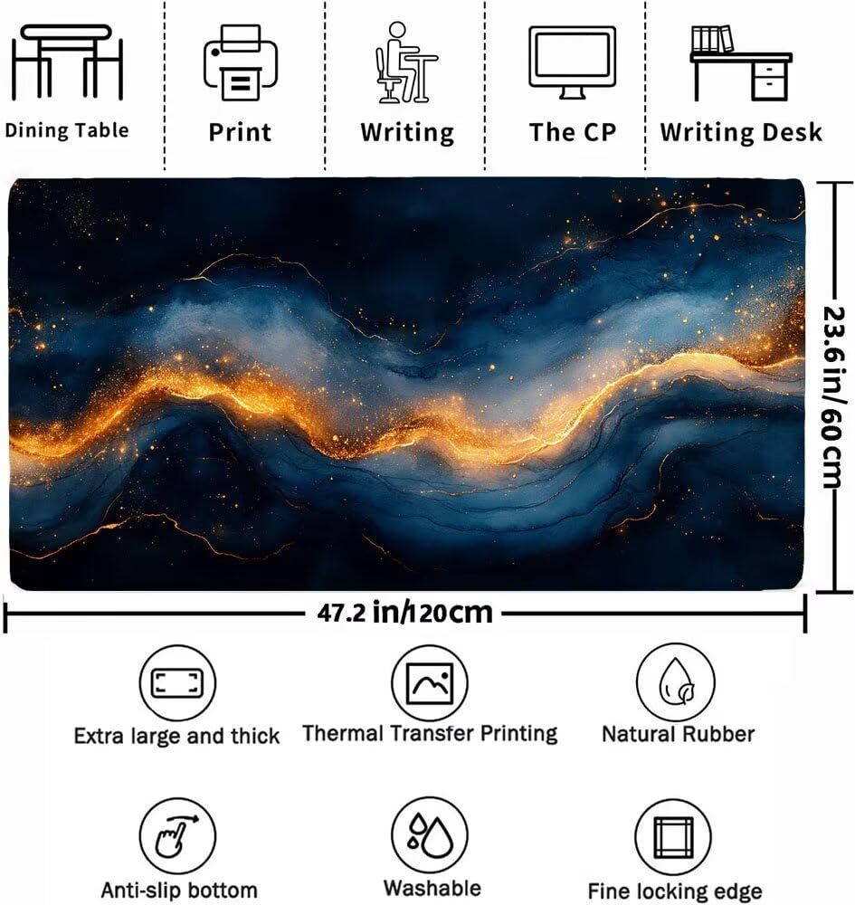 Podkładka pod mysz XXL 1200 x 600 x 3 mm, złota duża podkładka pod mysz dla graczy, niebieska podkładka pod mysz z wodoodporną antypoślizgową gumową podstawą, zmywalna mata na biurko, do gier, idealny