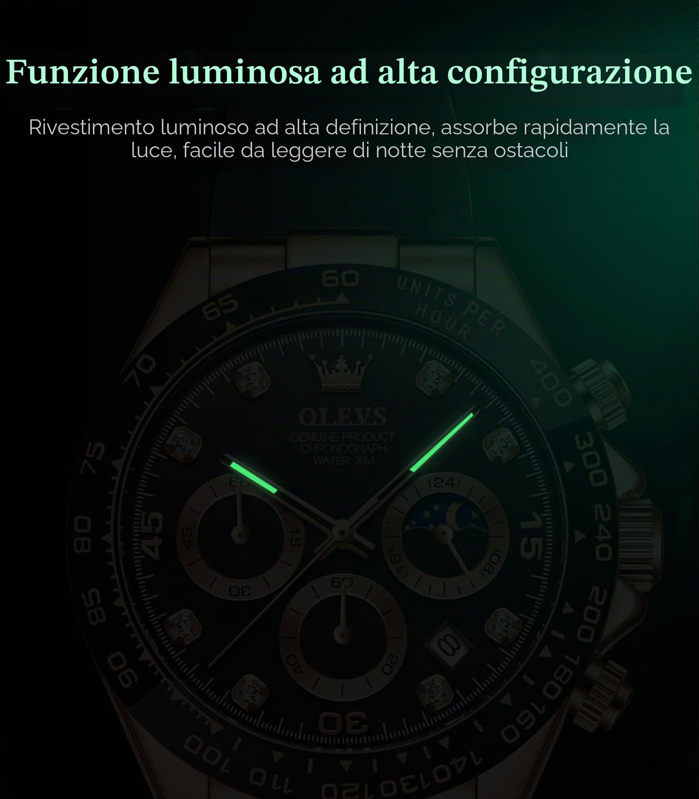 OLEVS Orologi da uomo al quarzo impermeabile cronografo analogico multifunzione fase lunare silicone diamante luminoso orologio da polso, nero argento, cronografo, digitale, Oro rosa, Cronografo