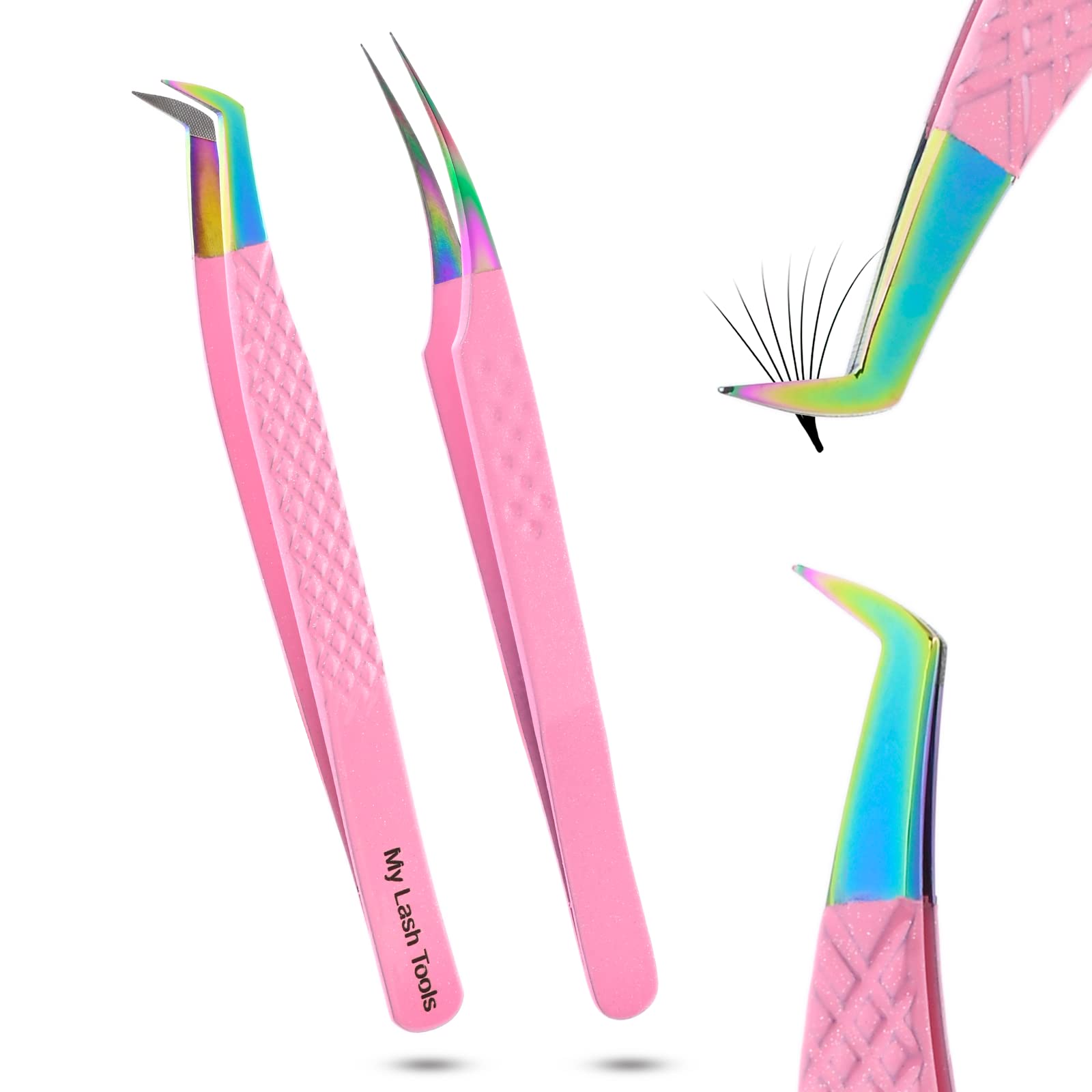 My Lash Tools New Fiber Tip Lash Tweezers for Eyelash Extensions Professional Lash Tech Supplies Must Haves Volume Boot Eyelash Tweezers 12cm Stainless Steel Fan Lashing Tweezer (Pink Rainbow Set)