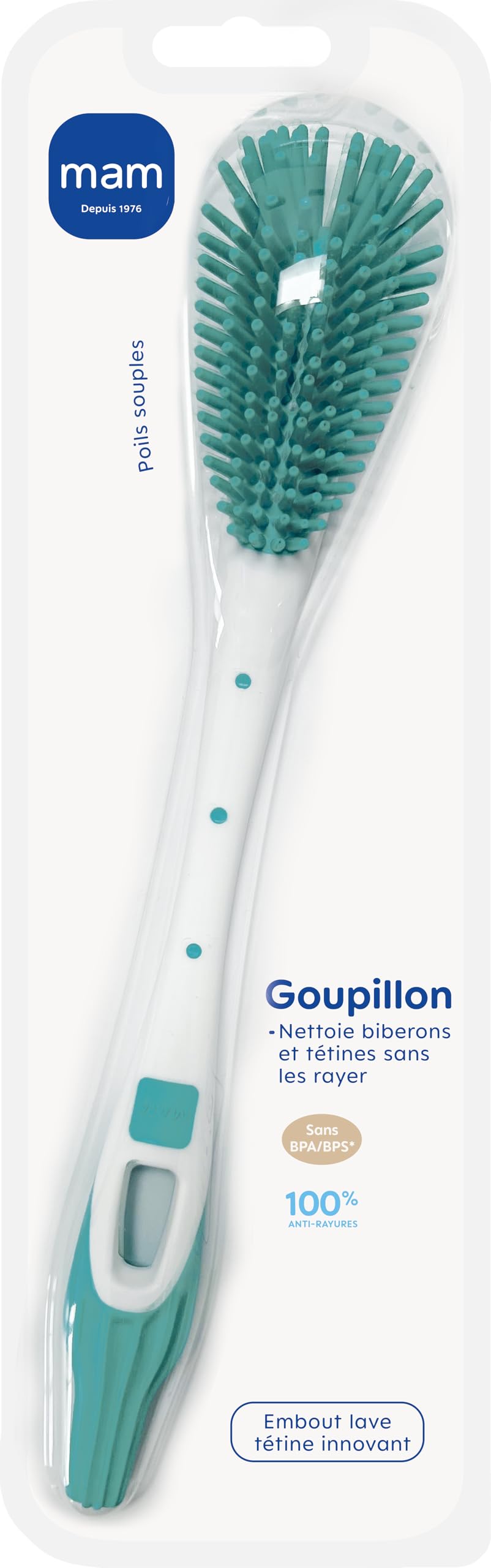 MAM, Goupillon pour biberon & tétine (coloris aléatoire) – Brosse de nettoyage en silicone avec poils extra-souples – Brosse à biberon et tétine anti-rayures